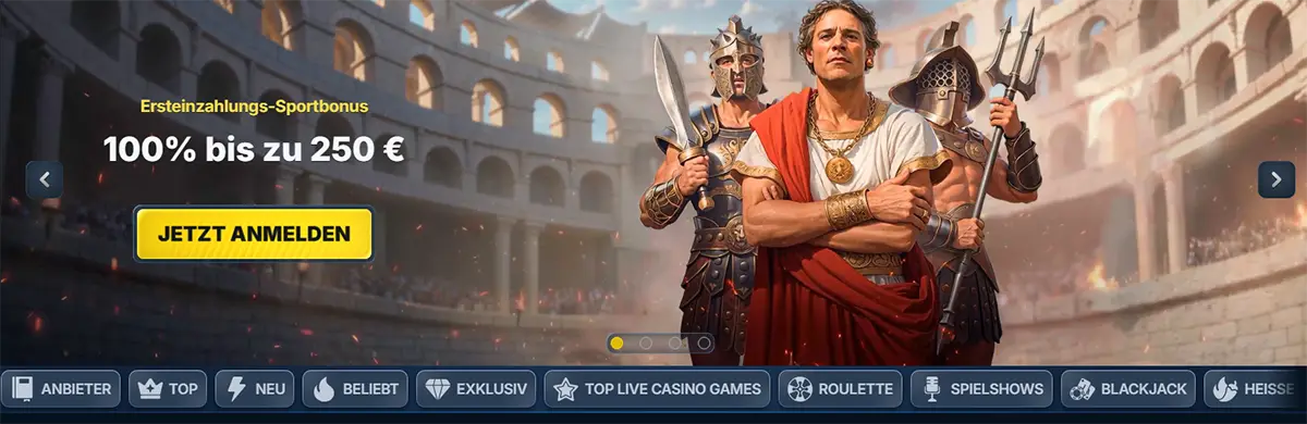 German BetRepublic homepage banner advertising “Ersteinzahlungs-Sportbonus 100% bis zu 250 €” with a yellow “Jetzt anmelden” button, set in a Roman colosseum scene with gladiator characters and navigation tabs below (Anbieter, Top, Neu, Beliebt, Exklusiv, Roulette, Spielshows, Blackjack).