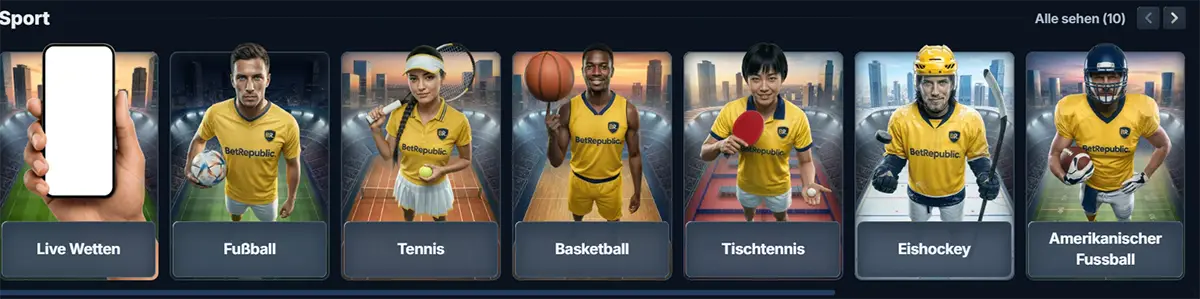 German sports carousel on BetRepublic showing category tiles for Live Wetten, Fußball, Tennis, Basketball, Tischtennis, Eishockey, and Amerikanischer Fussball, each with an athlete in a yellow jersey, plus an “Alle sehen (10)” link.