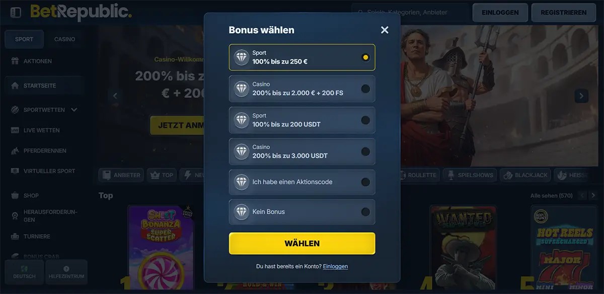 BetRepublic German pop-up titled “Bonus wählen” with selectable Sport and Casino welcome bonus options (100% bis zu 250 €, 200% bis zu 2.000 € + 200 FS, 100% bis zu 200 USDT, 200% bis zu 3.000 USDT), plus “Aktionscode” and “Kein Bonus,” and a large yellow “Wählen” button.