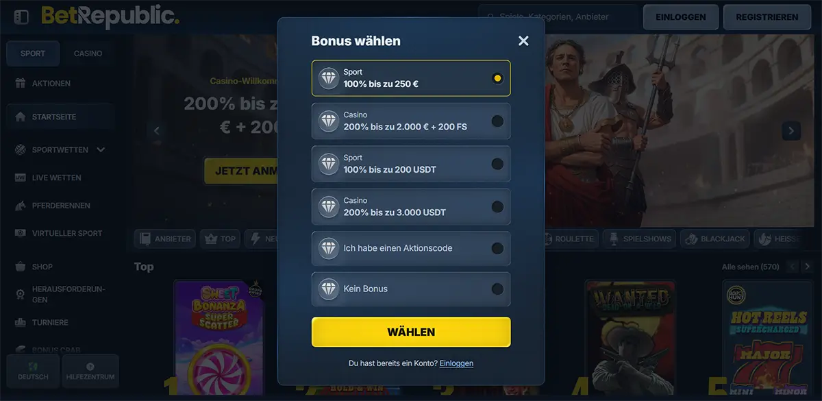 BetRepublic German pop-up titled “Bonus wählen” with selectable Sport and Casino welcome bonus options (100% bis zu 250 €, 200% bis zu 2.000 € + 200 FS, 100% bis zu 200 USDT, 200% bis zu 3.000 USDT), plus “Aktionscode” and “Kein Bonus,” and a large yellow “Wählen” button.